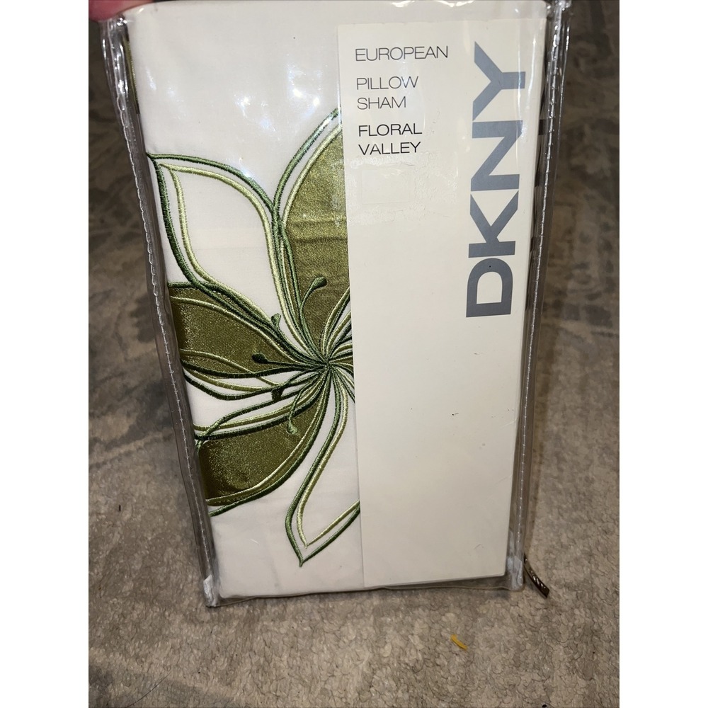 DKNY‎ Floral Valley Green Cream (1) Embroidered Euro Pillow Sham NEW